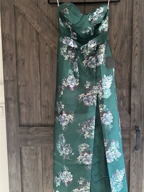 Lulu's Emerald Green Strapless Floral Satin Gown